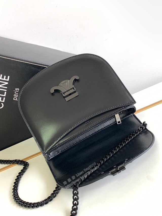 Celine專櫃2022新品TEEN BESACE TRIOMPHE鏈條亮澤牛皮革手袋 賽琳黑色全皮凱旋門馬鞍包 sldj2394
